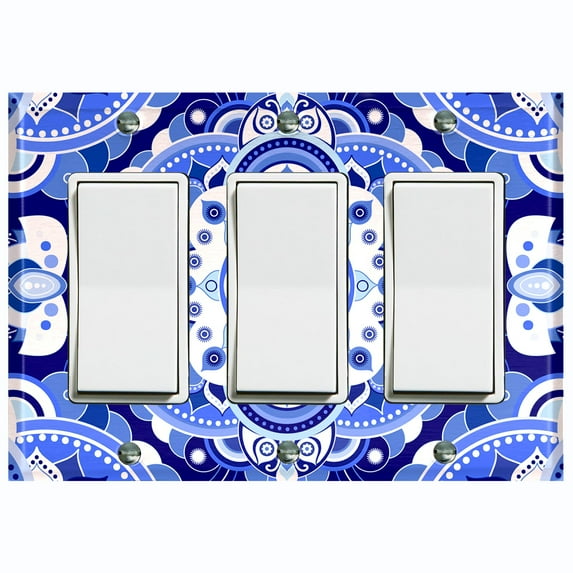 Metal Light Switch Plate Cover Mandala Blue White Floral Tile Pattern Damask MDL084