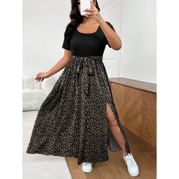 Plus Size Women Vacation Leopard Print Maxi Dress with Square Neck and Side Slit