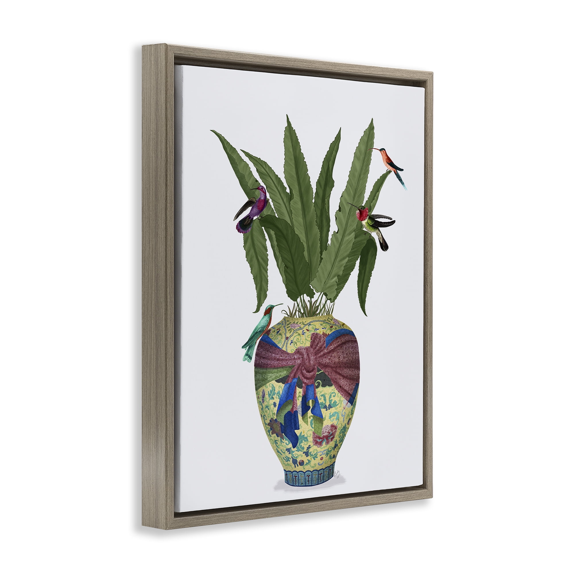 Stupell Industries Traditional Birds on Planter Botanical & Floral Painting Brown Floater Framed Canvas Art Print Wall Art, 17 x 21