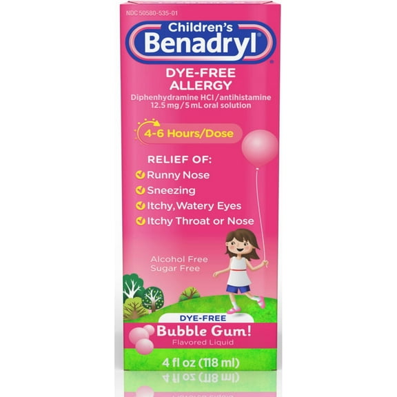 Benadryl Children's Allergy Relief, Dye-Free, Bubble Gum, 4 oz, 4 Pack