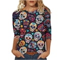 thumbnail image 2 of IUYRTFE Women's Day of the Dead Sugar Skull Print Crew Neck 3/4 Sleeve T-Shirt Loose Fit Casual Fall Top, 2 of 5