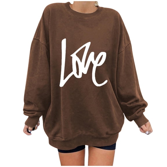 Guluxicc Sweatshirts for Women Casual Trendy Fashion Cute Valentine's Day Letter Print Tops Long Sleeve Pullover Shirts, Brown, 2XL