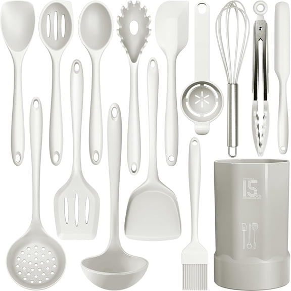 Silicone Cooking Utensils Set, 446°F Heat Resistant Kitchen Utensils, Turner Tongs, Spatula, Spoon, Brush, Whisk, Kitchen Gadgets Tools for Nonstick Cookware, Dishwasher Safe, BPA Free
