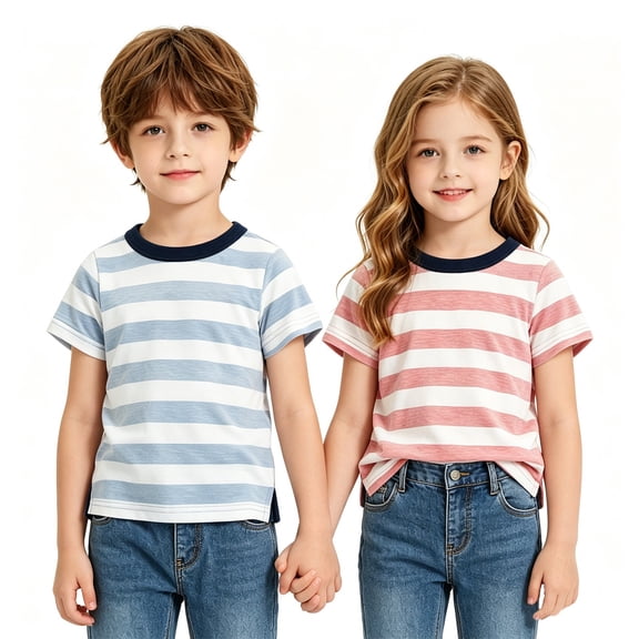 Fozruso Kid Boys Girls Crewneck Summer Striped T-Shirts Short Sleeve Side Split Design Tee Tops