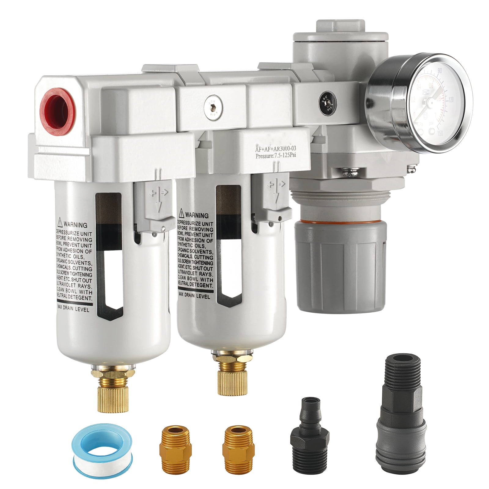 BENTISM Air Compressor Filter Regulator, 3/8" NPT 5m Air Compressor Water Separator, Semi-Auto Drain Air Drying System with Brass Filter Element, Double Stage, 7.5-125PSI Pressure Regulator