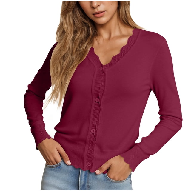 Wensltd Lightweight Knitted Cardigans for Women V Neck Summer Fall Long Sleeve Tops Button