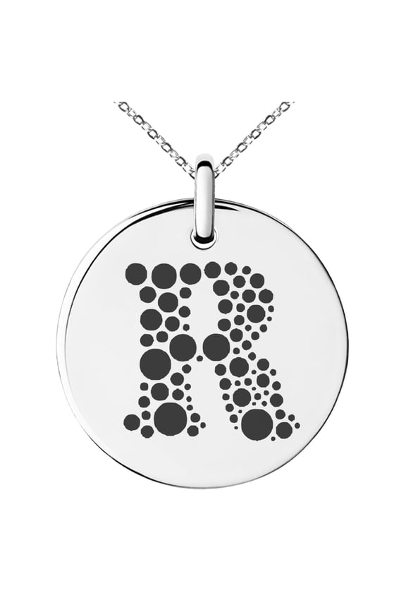 Stainless Steel Letter R Initial Dotted Monogram Engraved Small Medallion Circle Charm Pendant Necklace