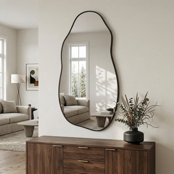 36" x 20" Asymmetrical Wall Mirror, Matte Black Aluminum Framed Irregular Vanity Mirror with Tempered Glass for Bathroom, Entryway
