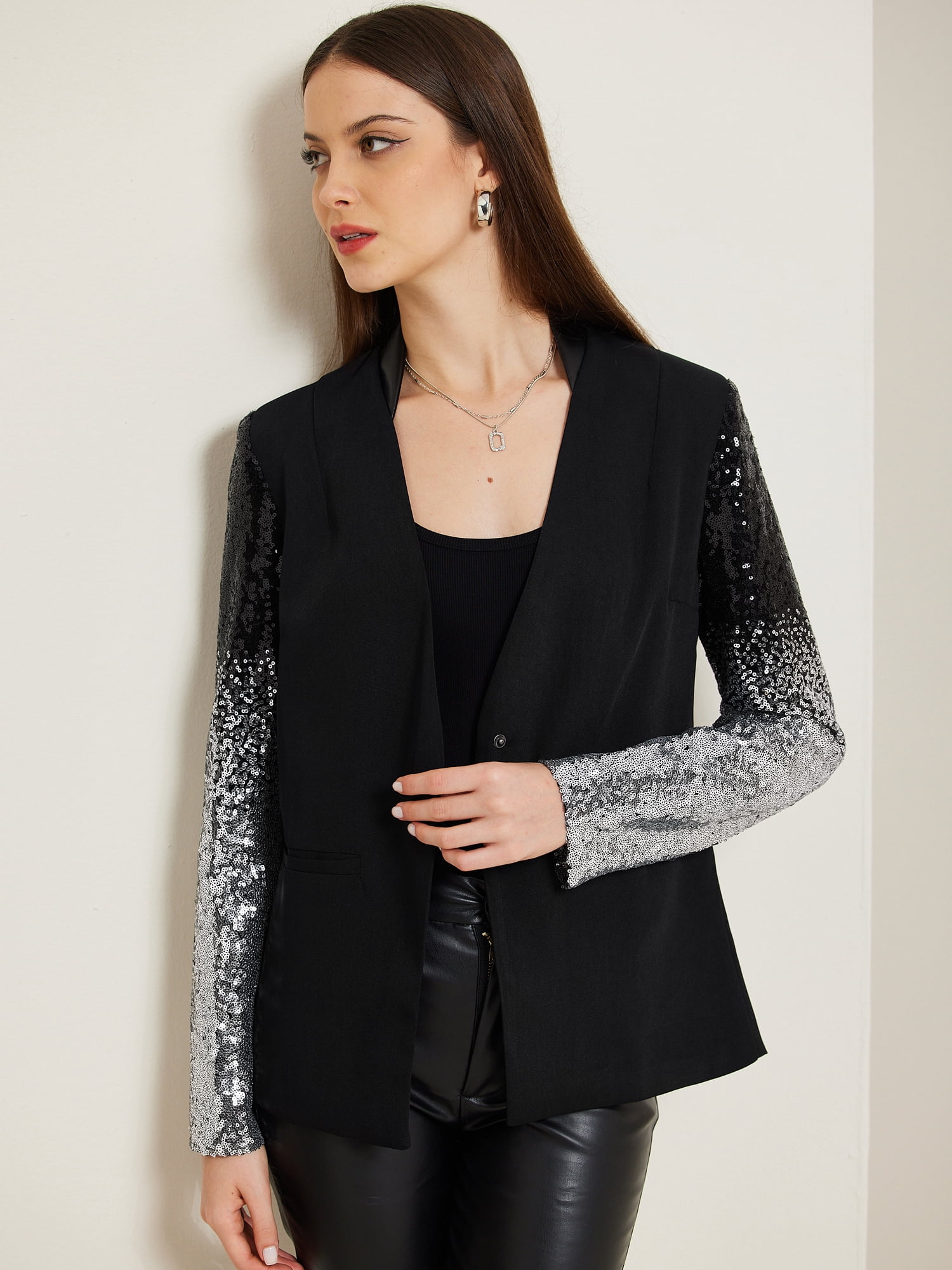 DARING DIVA Party Shiny Sparkle Casual Blazer Jacket M Black