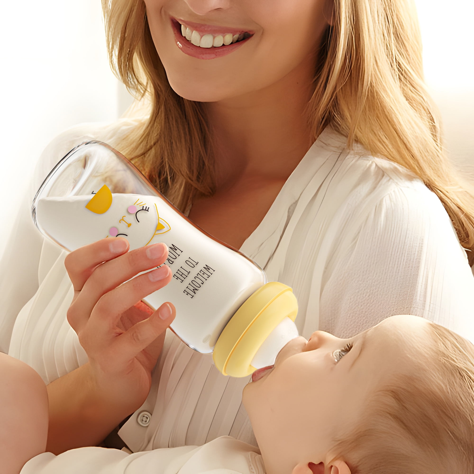 YOHKOH Anti-colic Glass Baby Bottles,with Vent,Mushroom Cap,8.8 oz/260ml,2pk,Yellow