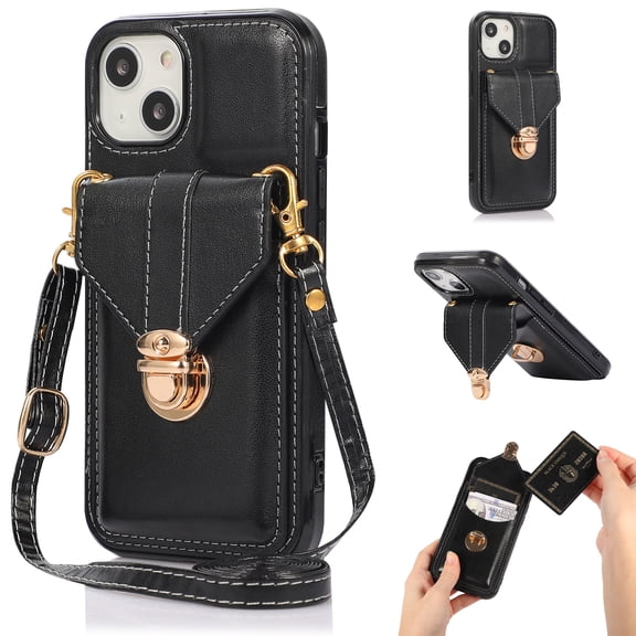 Allytech Crossbody Wallet Case for iPhone 13 6.1" 2021, PU Leather Handbag Purse Bracket Kickstand Card Pocket Adjustable Detachable Necklace Lanyard Buckle Protective Cover for Women Girls, Black