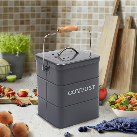 1 Gallon Metal Kitchen Compost Bin With Charcoal Filter And Wooden Handle - Odor-Free Indoor Countertop Composter For Food Waste, Gray