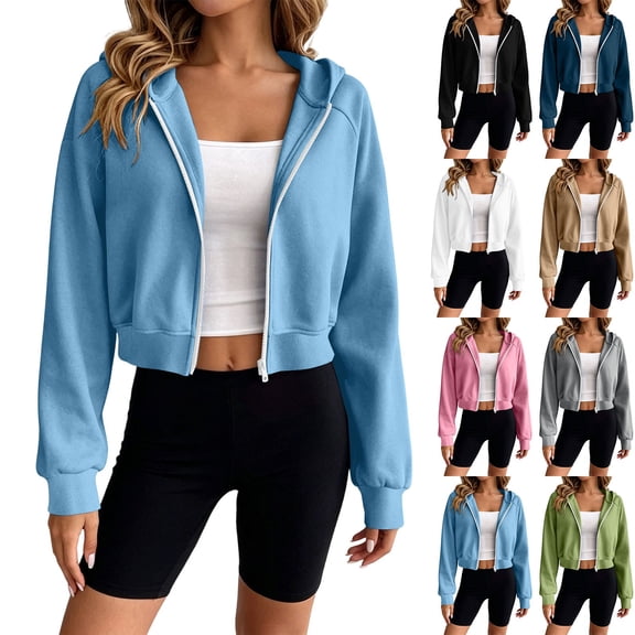 Admvng Women's Cropped Hoodie Jacket Zip Up Rib Cuff Hem Short Short Hooded Sweat Coat