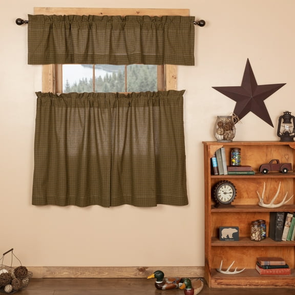 VHC Brands Tea Cabin 3 PC Moss Green Plaid Curtain Set (1 Valance 16x72 and 2 Tier 36x36)