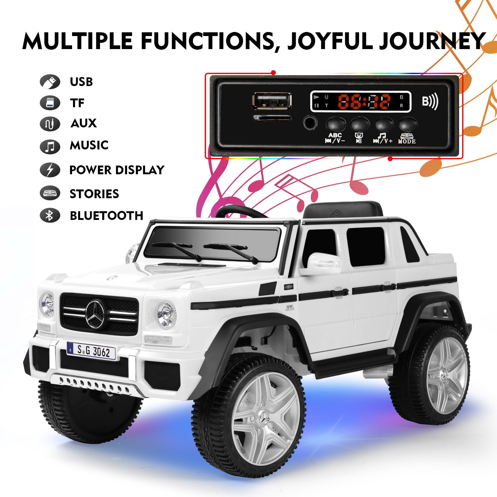 JOYLDIAS 12V Kids Ride on Car 3 Speeds Licensed Mercedes-Benz Electric Toy w/ Bluetooth, Remote Control, LED Lights (White)
