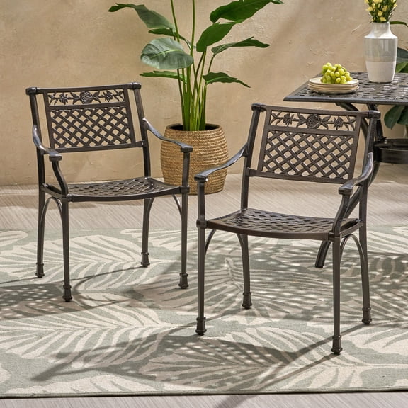 ECOBUY Outdoor Dining Chair Cast Aluminum Bronze Patio Seating with Floral Lattice Design 31.5 in H