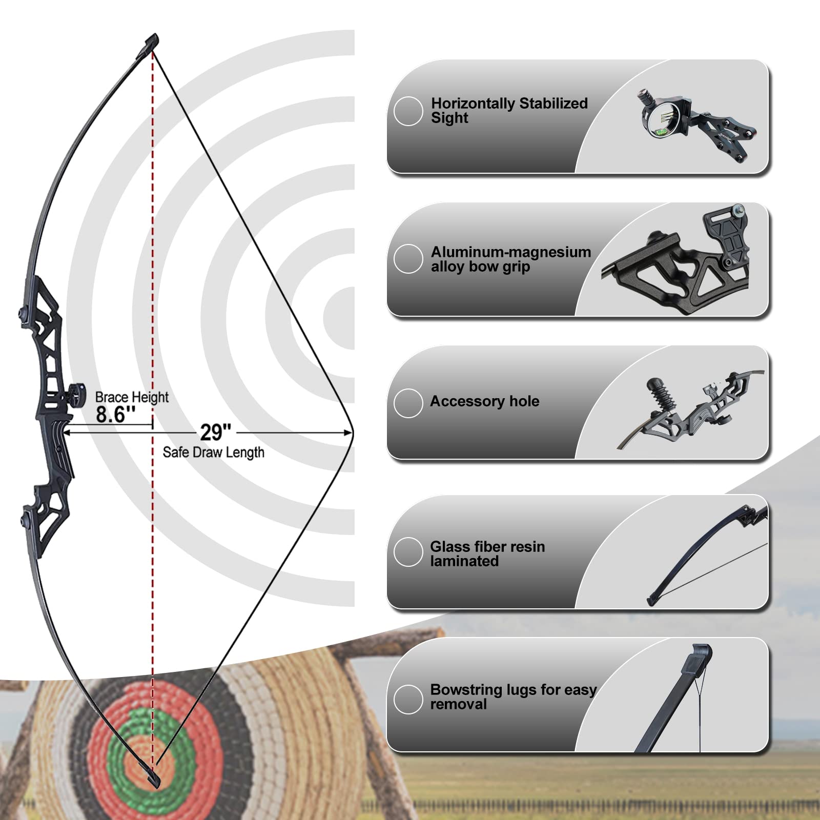 Arc Recurve 30 Lb / 40 Lb Riser en alliage Arc long droit Débutant