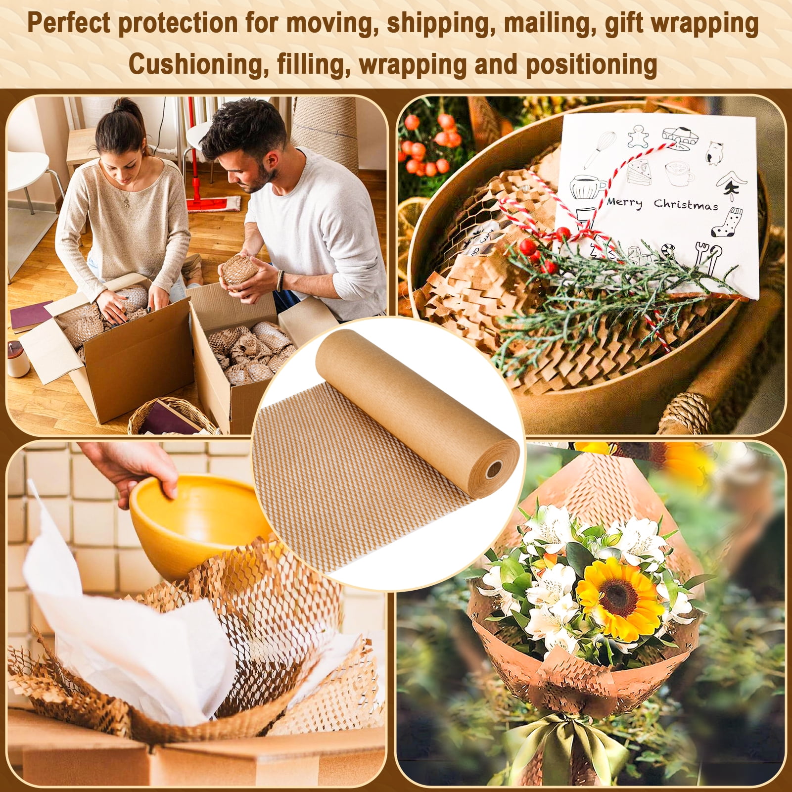 Aovky Honeycomb Packing Paper, 204' x 15" Cushion Packing Paper for Moving Shipping Packaging Breakables, Substitute Alternative for Bubble Cushioning Wrap Roll Kraft with 20 Fragile Stickers