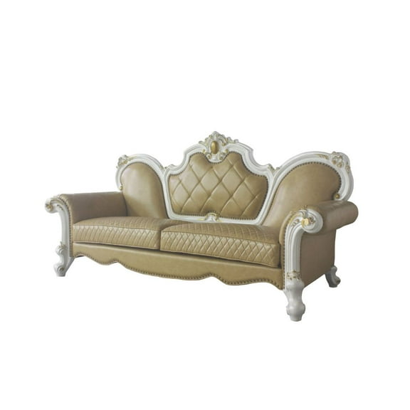ACME Picardy Faux Leather Sofa with Pillows in Antique Pearl and Butterscotch