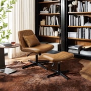 Art Leon Accent Chair with Ottoman,360 Degree Swivel Reading Chair for Bedroom Livingroom, Faux Leather Height Adjustable, Brown