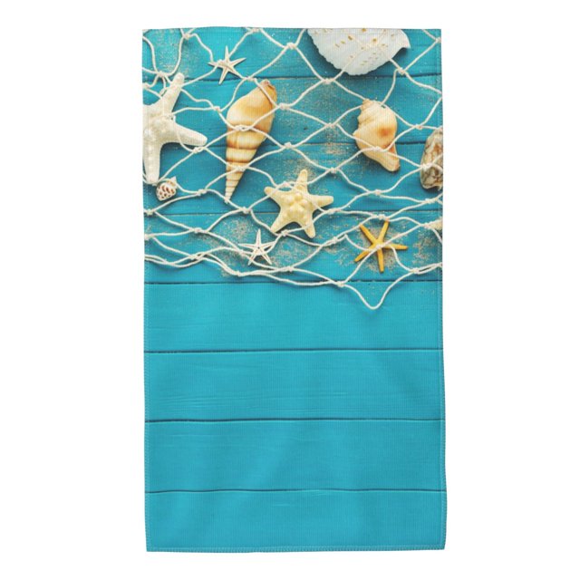 Fotbe Seashells And Fishing Net On Blue Wooden Table Toalla Premium con Patrón, Toalla de Microfibra de Secado Rápido, Ligera y Altamente Absorbente (27.5x16in), Ideal para Uso Diario