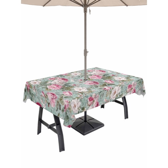 Outdoor Tablecloths with Umbrella Hole & Zipper, Vintage Spring Floral Rectangle Tablecloth 52x70 Inch, Botanical Summer Pink Green Waterproof Table Cloth, Patio/Pool/Picnic Table Covers