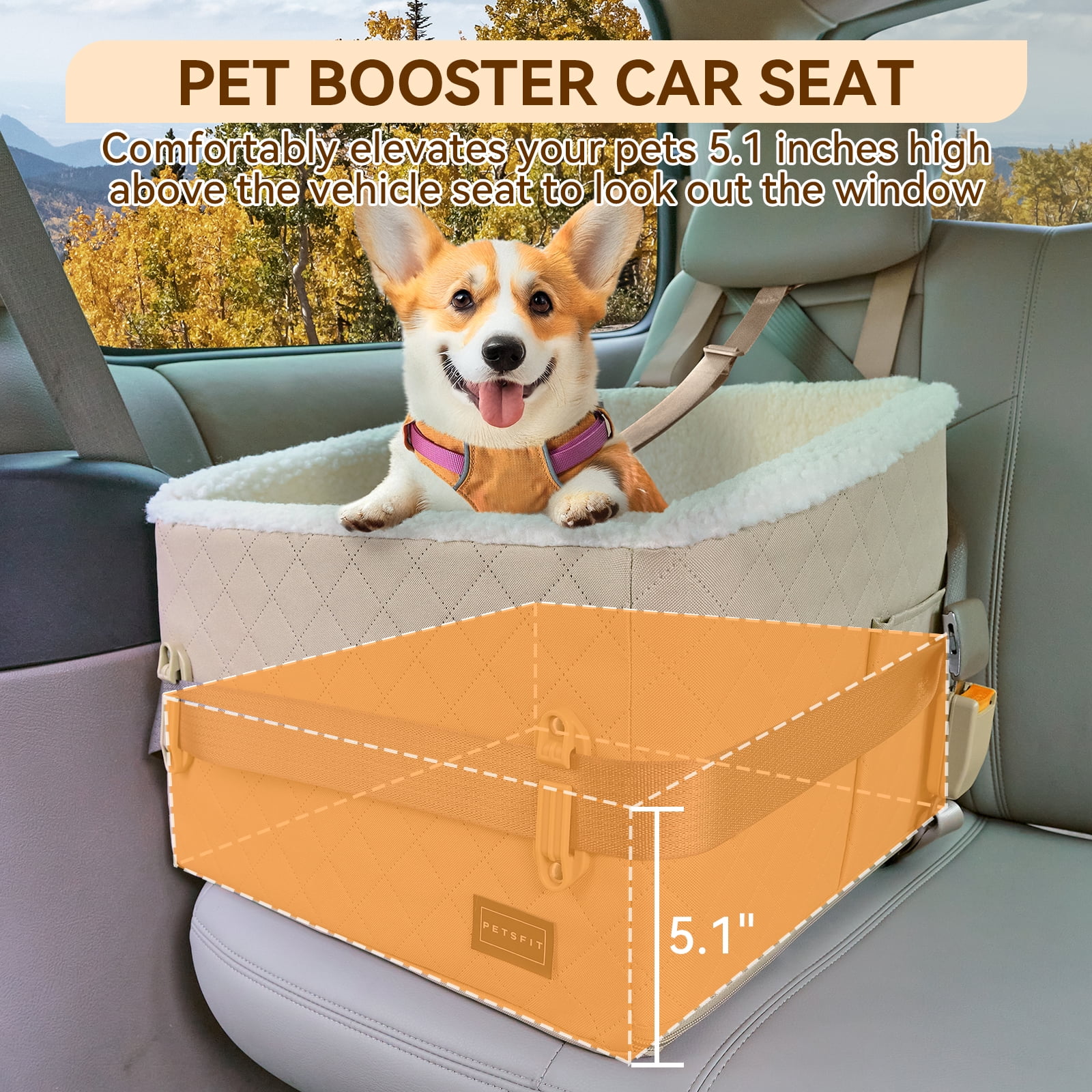 PETSFIT Small Dog Booster Car Seat, Patented Safety Buckles, Detachable Clip-On Safety Leash,Under 30 LBS (Khaki)