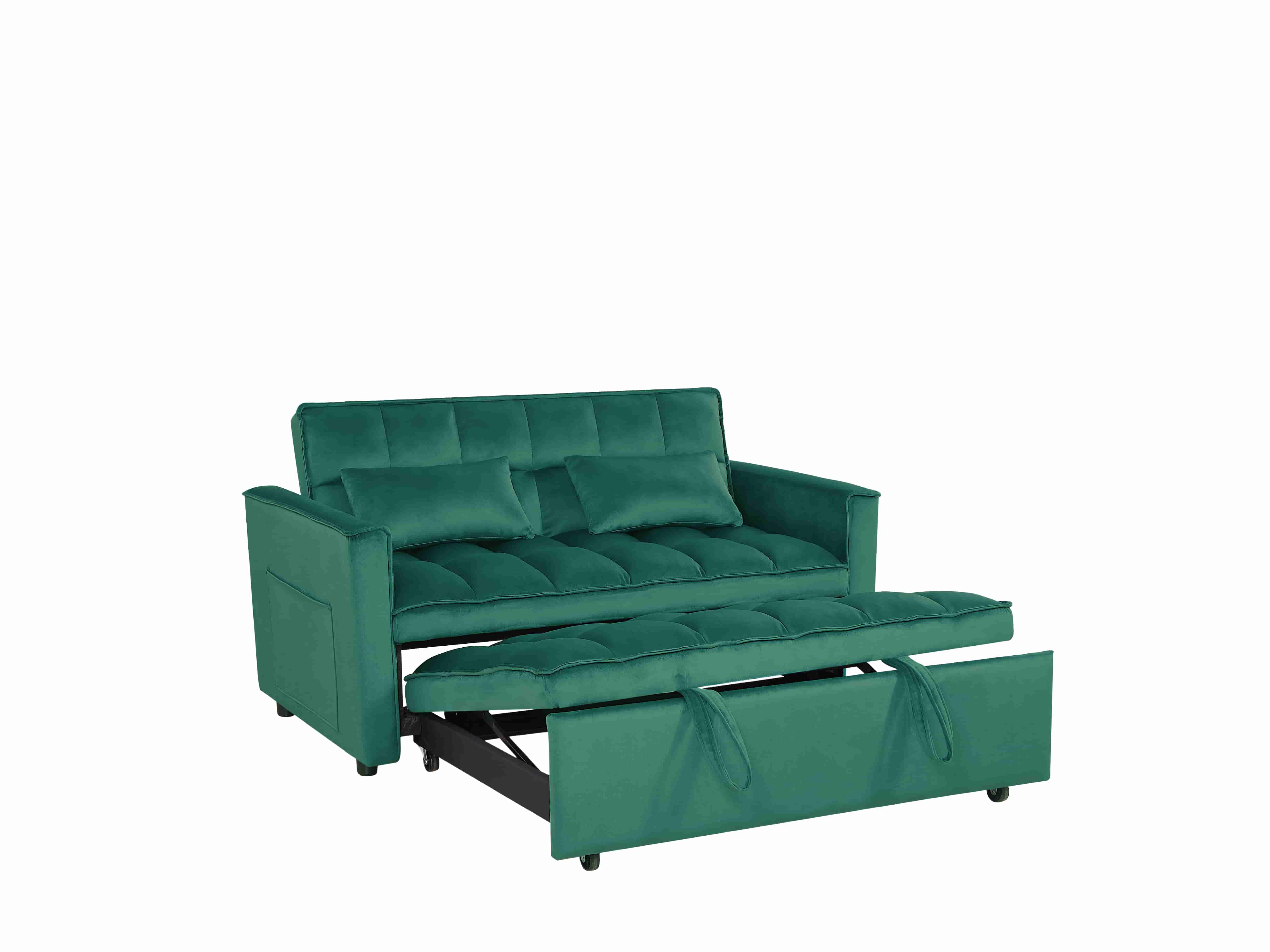 BSHTI 54-inch Pull-out Sleeper Sofa Bed, Velvet Upholstery, Solid Wood Frame, 3-Angle Adjustable Backrest, Storage Side Pocket, Twin-Size Bed, Green