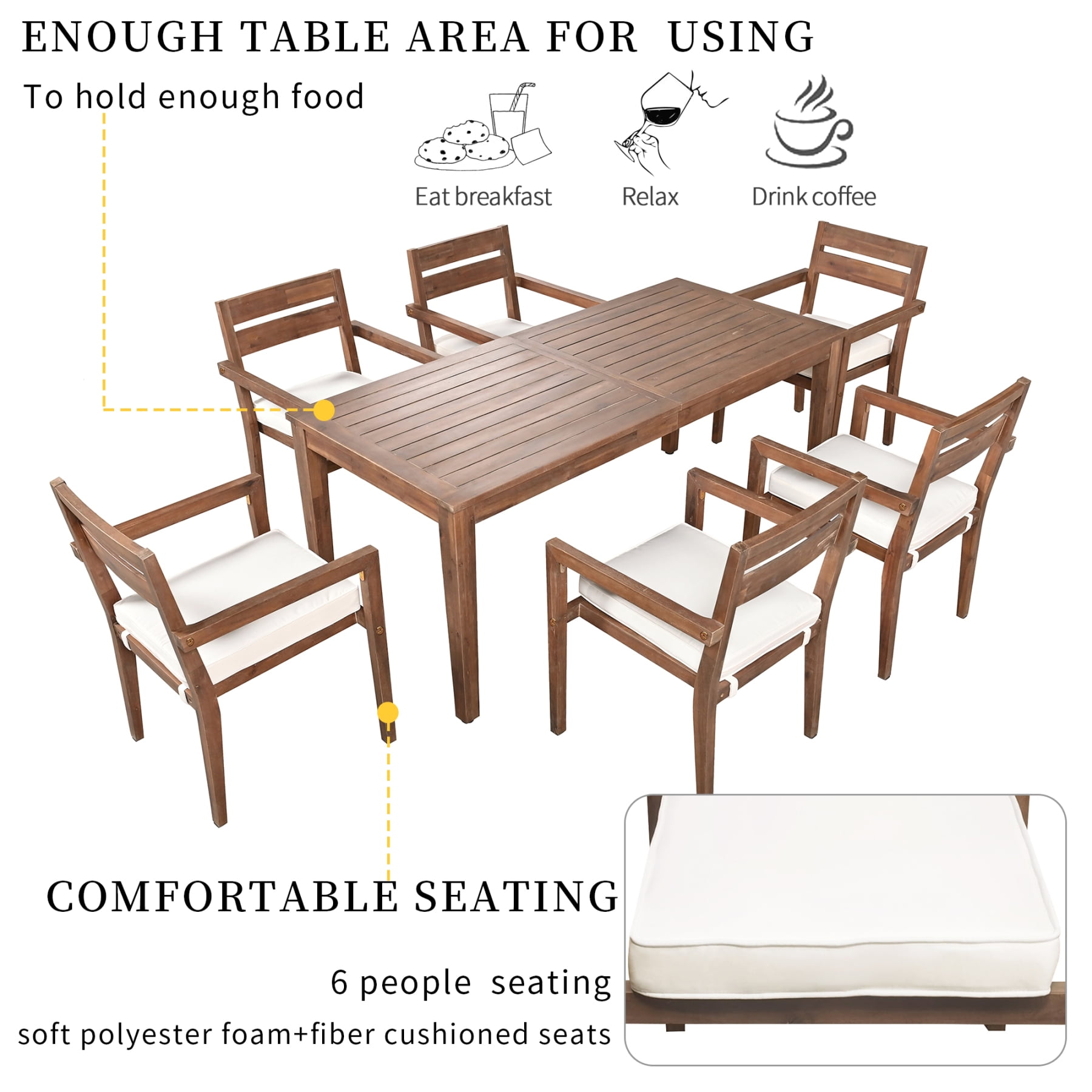 Harper & Bright Designs 7-Piece Contemporary Acacia Wood Sturdy Frame Dining Furniture Sets Burly Wood