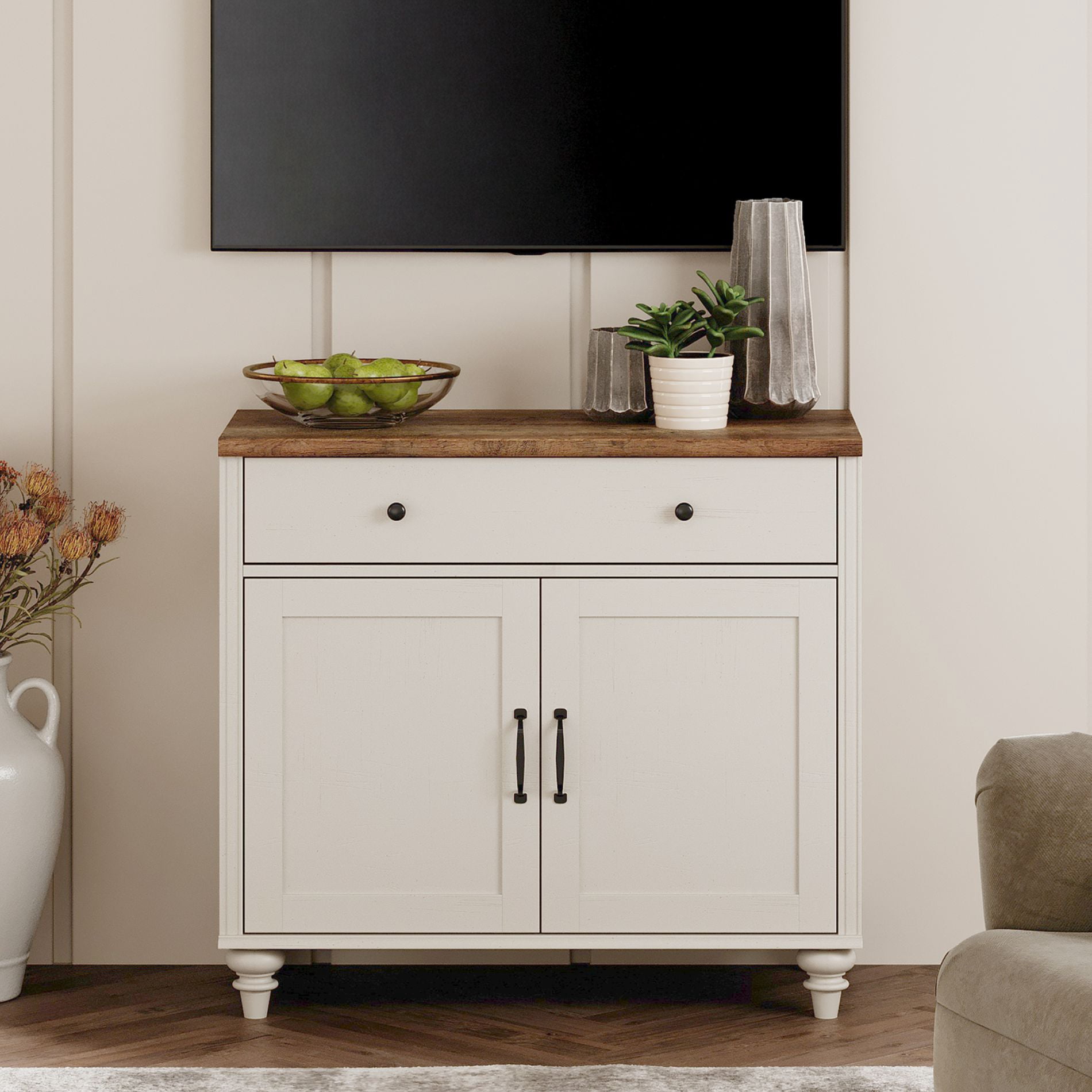 Credenzas & Sideboards with 2 Doors and 1 Drawers, Modern Farmhouse Coffee Bar Table Wooden Kitchen Buffet Cabinet with Storage Cabinets, for Dining Room, White, 34 inch