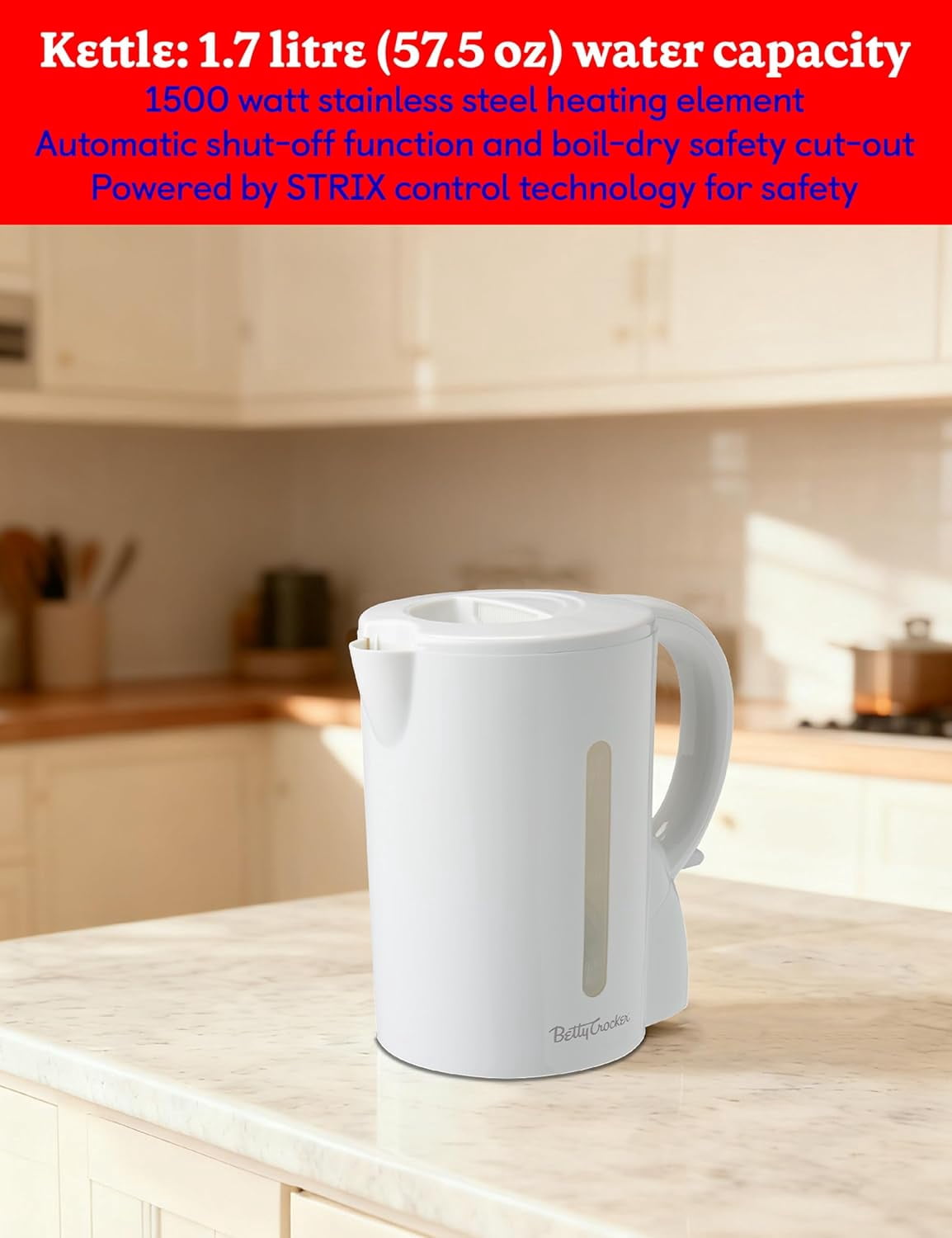 Betty Crocker 3-Piece Kitchen Appliances Set: 5-Cup Automatic Drip Coffee Maker, 1.7L Electric Kettle & 2-Slice Toaster, STRIX Technology Kettle, Cool Wall Housing, BC-4995W, White