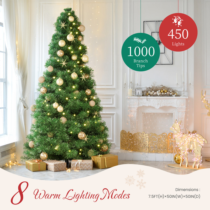 Gianna 7.5ft Pre-lit Artificial Christmas Tree, Prelighted Green Artificial Hinged Spruce Xmas Tree with 1000 Branch Tips, 450 Incandescent Lights & Foldable Base for Home, Office, Party