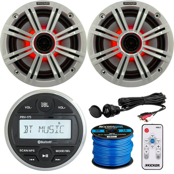 Marine Gauge Style Digital Media Bluetooth Receiver, 2 x Kicker 6.5" OEM Replacement 195W MultiColor LED Speakers (White Grilles), LED Remote Control, AUX Interface, Speaker Wire