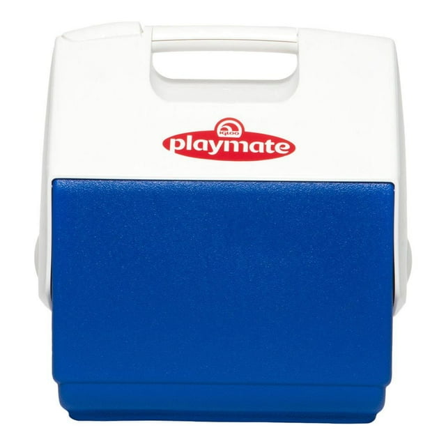 Igloo Playmate Pal 7-quart blue and white portable cooler with top handle for easy carrying.