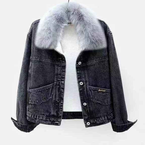 CALAFEBILA Jean Jacket Women Womens Fall Fashion 2023 Fleece Cropped Jean Jacket Long Sleeve Button Denim Jacket With Pockets