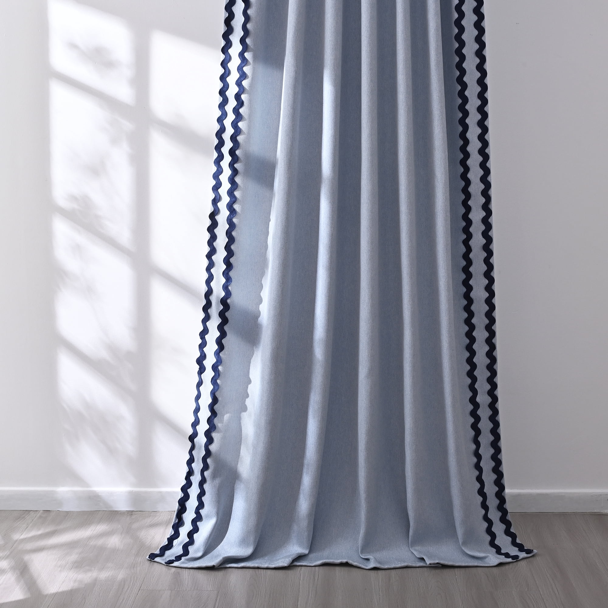Alishomtll Blue Scalloped Rod Pocket Back Tab Blackout Curtains Set of 2,52"x 84",Thick Linen