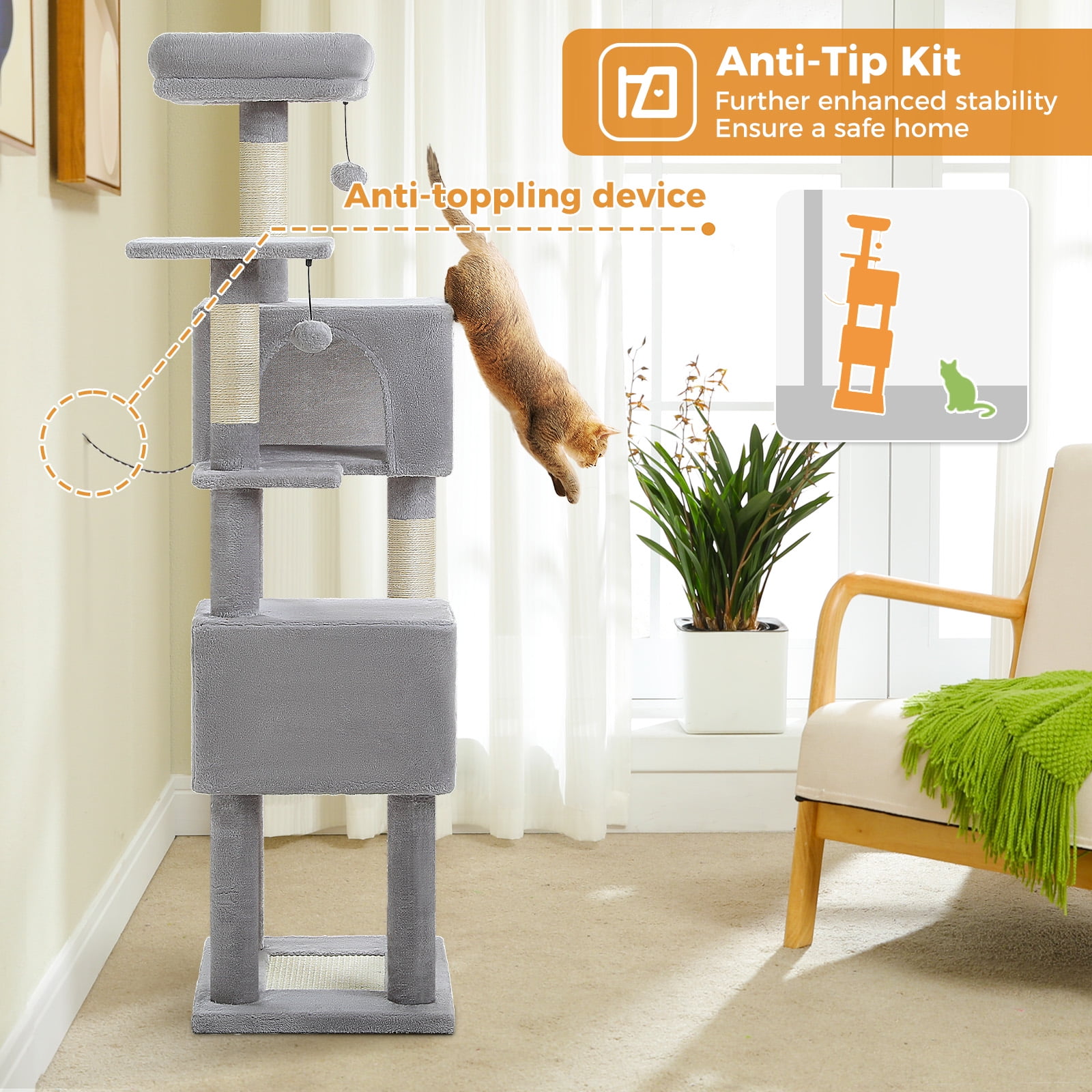 Kadyn 62" Modern Cat Tree Tower for Indoor Cats with Scratching Posts, Cozy Cat Condo and Top Perch, Dangling Ball for Small Medium, Gray
