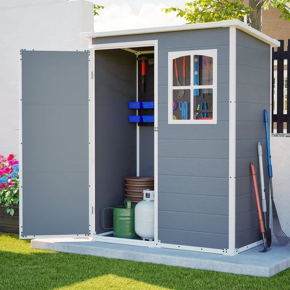 LZBEITEM 5x3 ft Resin Outdoor Storage Shed with Floor, Garden Plastic Tool Shed with Window and Lockable Door, Colorfast, for Garden Backyard, Gray