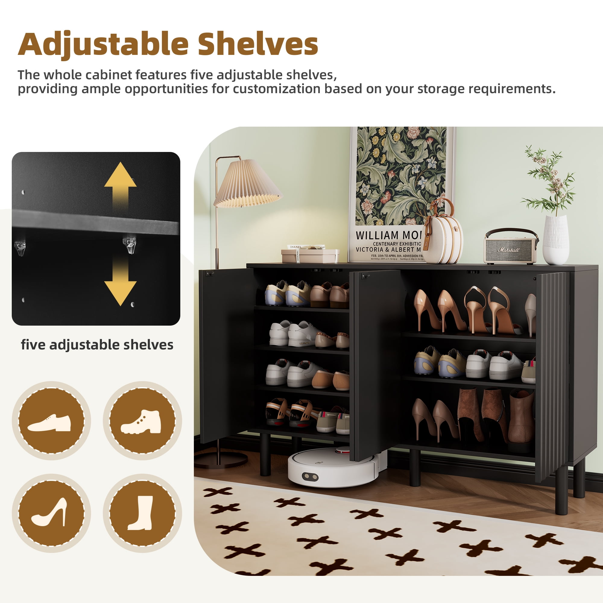 Euroco Modern Shoe Cabinet with Fluted Doors, Adjustable Shelves, and Solid Wood Legs – Versatile Cabinet for Entryway, Living Room, Kitchen, or Hallway