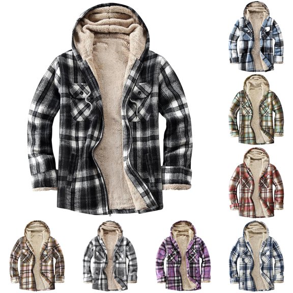 SONXAHE Fleece Lined Plaid Zip Up Hooded Shacket For Men Long Sleeve Warm Winter Outerwear Coat
