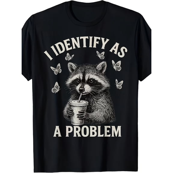 I Identify As A Problem Raccoon Butterfly Funny Halloween T-Shirt, Funny Shirts, Mens Graphic T-shirts, Cotton Tshirts for Men, 100% Cotton, 220g, Soft and Comfortable Short Sleeves