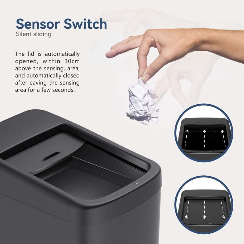 AUKTOPT 8 Gallon Motion Sensor Trash Can with Wheels, Stainless Steel Automatic Garbage Bin with Sliding Row Up Lid, Touchless Hands-Free Soft-Close, Black