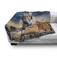 thumbnail image 3 of Tiger Soft Flannel Fleece Throw Blanket, Calm Siberian Large Cat with Sunset Resting on a Boulder Relaxed Beast, Cozy Plush for Indoor and Outdoor Use, 50" x 70", Multicolor, by Ambesonne, 3 of 6