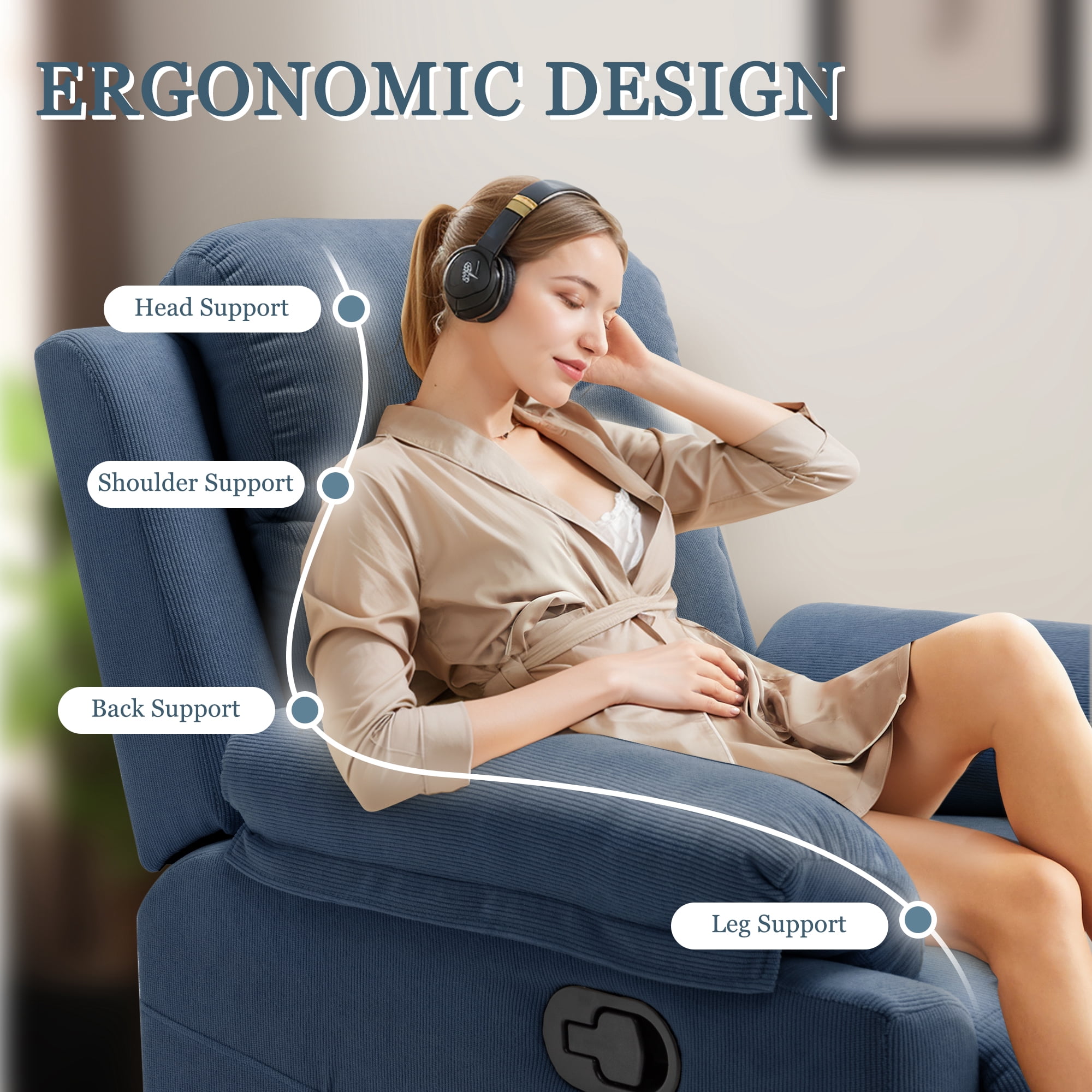 Korser Manual Small Recliner Chair for Small Spaces for Living Room,Corduroy,Blue