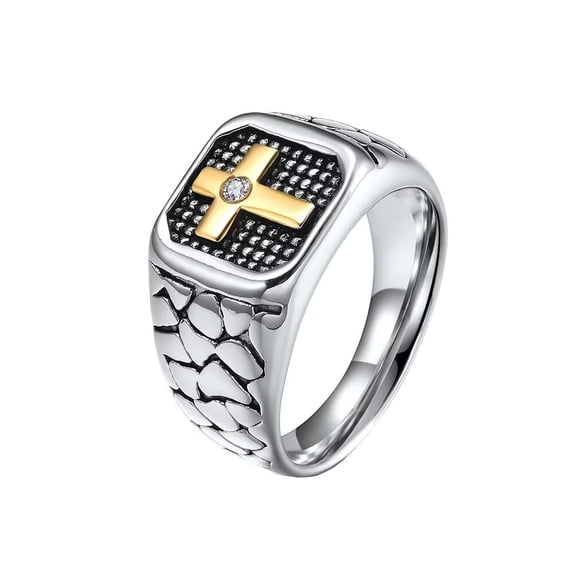 PAMTIER Men's Stainless Steel Vintage Christian Religion Cross with White Gemstone Crack Knight Pinky Ring Eternity Wedding Band Silver Size 8