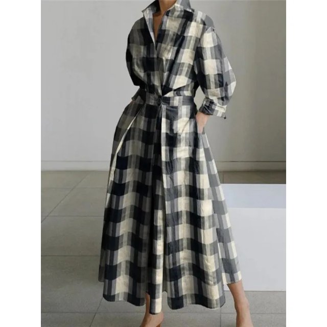 Women's Polo Collar Long Sleeve Maxi Dress - Ankle-Length, Elastic, Button Detail, Polyester