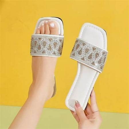 

Beach Holiday Sandals Gnobogi Womens Sandals Women s Rhinestone Square Toe Slippers Flat Bottomed Home Casual Sandals White