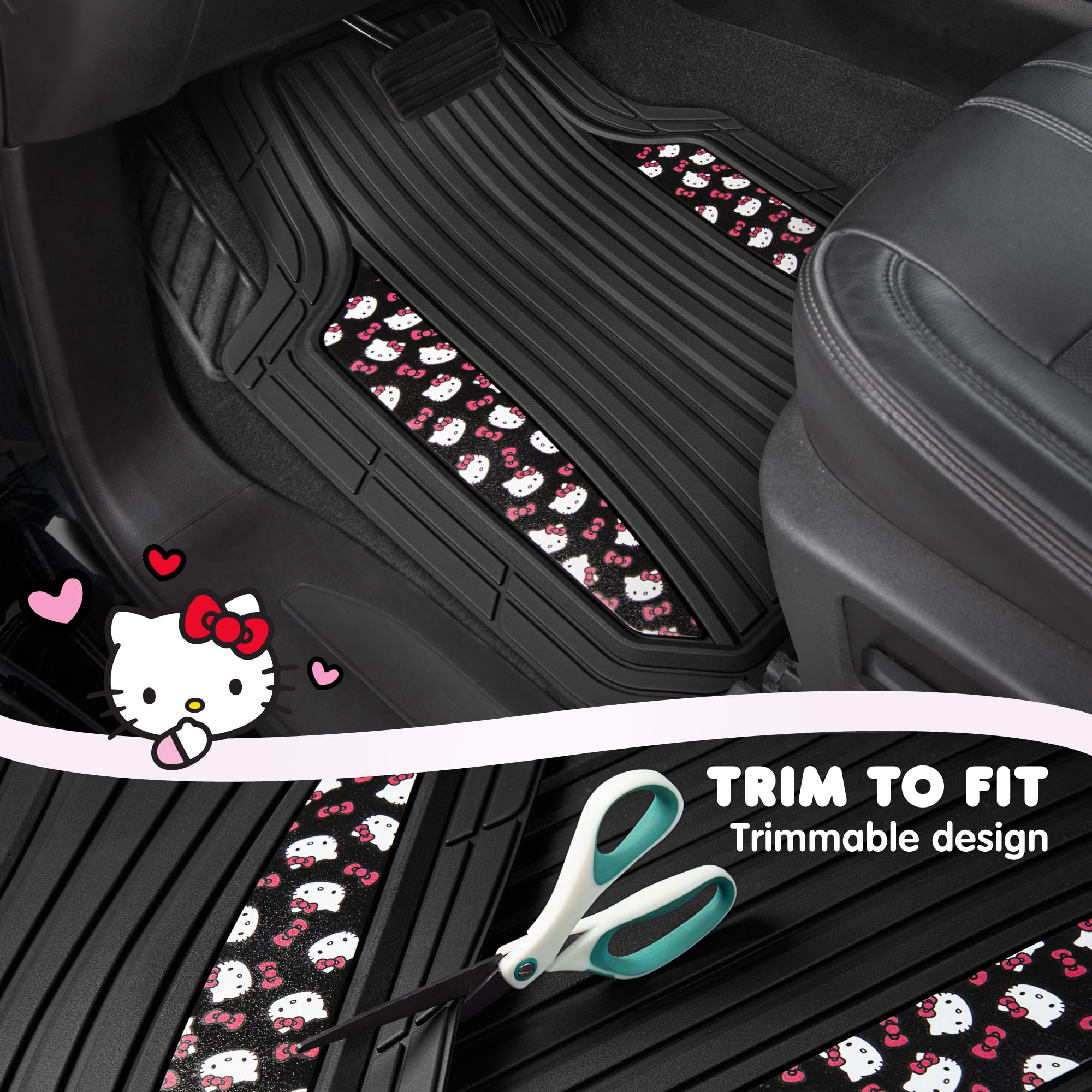 Hello Kitty Cute Rubber Car Floor Mats, Heavy Duty Non-Slip 4-Piece Set, Cute Universal Auto Accessory, for Car Truck SUV Van, Black