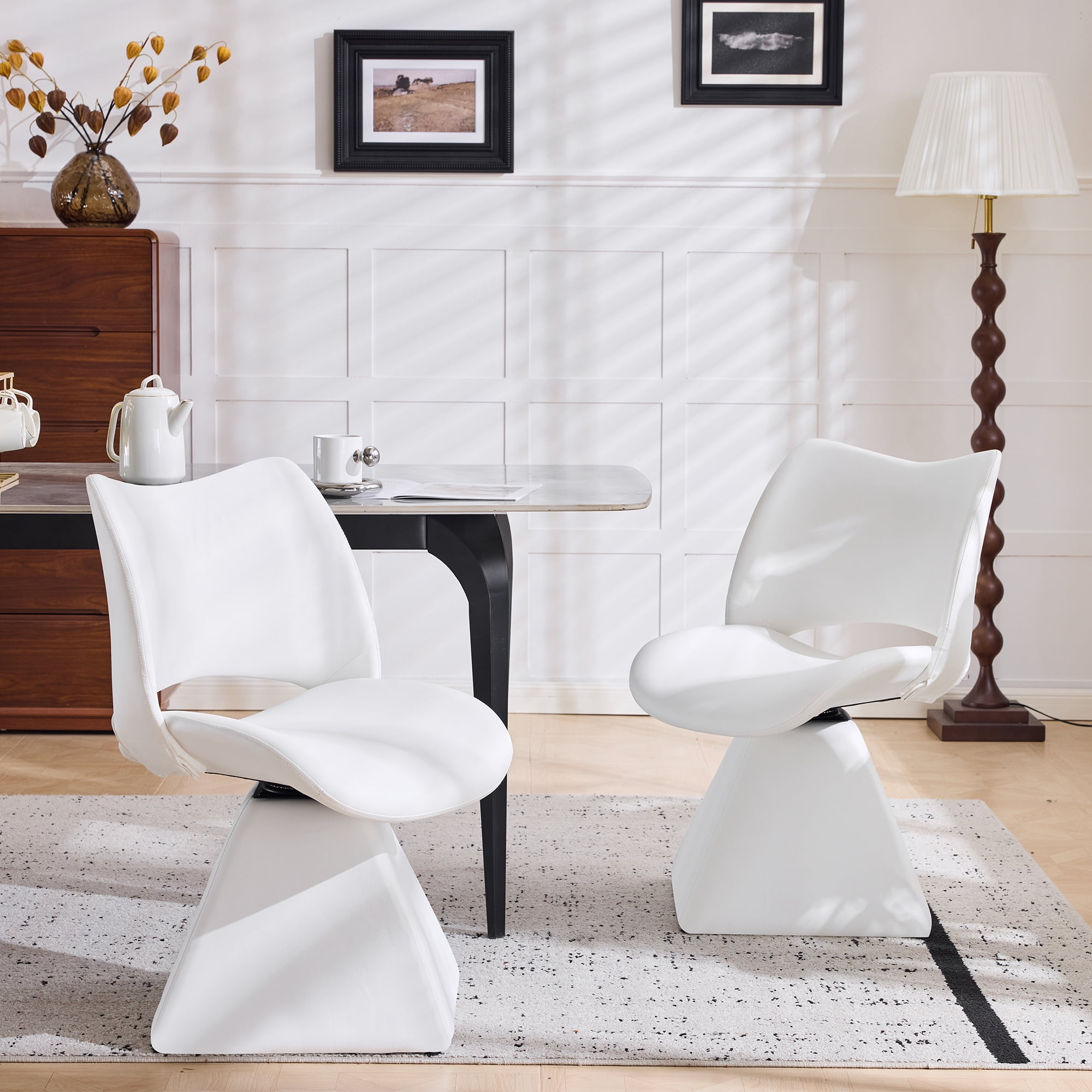 HOQBN Modern Swivel Dining Chair with Faux Leather, 360-Degree Upholstery Dining Chair with High Curved Back for Kitchen, Dining Room,White