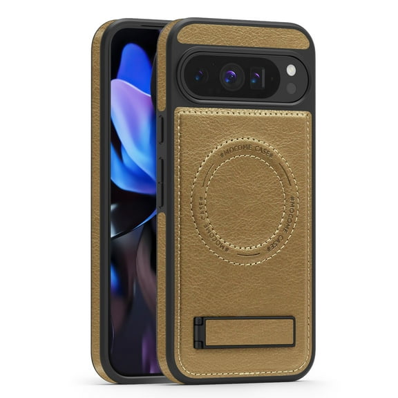 Magnetic for Google Pixel 9 Pro PU Leather Case, Compatible with Magsafe, Built-in Invisible Stand, Premium Ultra Slim Adjustable Kickstand Protective Case for Google Pixel 9 Pro, Desertgold